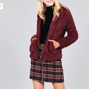 HOODED SIDE POCKET FAUX SHERPA ZIP-UP JACKET